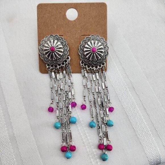 ICON Turquoise & Silver‎ Concho Fringe Chandelier Earrings NWT - Picture 2 of 5